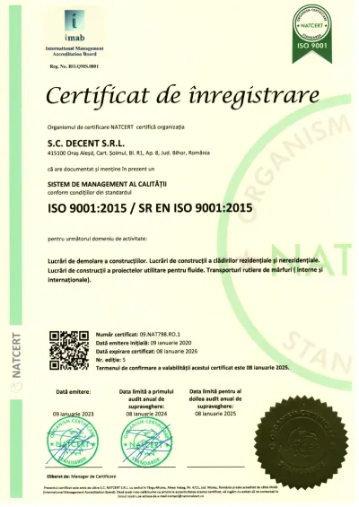 Certificat ISO 9001:2015 Decent.ro