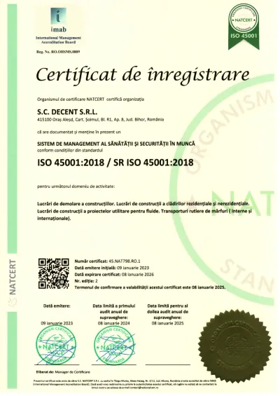 Certificat ISO 45001:2018 Decent.ro