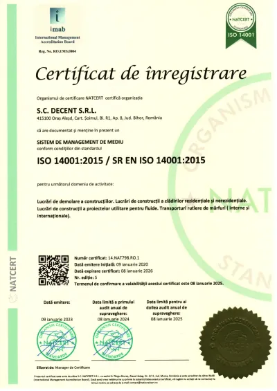 Certificat ISO 14001:2015 Decent.ro